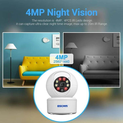 ESCAM Indoor WiFi Pan-Tilt Security Camera for Home Monitoring showing 4MP night vision demo with day and night split-screen and camera close-up