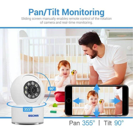 ESCAM Indoor WiFi Pan-Tilt Security Camera for Home Monitoring showing father watching baby via smartphone with 355° pan and 90° tilt