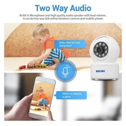 ESCAM Indoor WiFi Pan-Tilt Security Camera for Home Monitoring showing two-way audio, parent viewing child on smartphone and camera in nursery