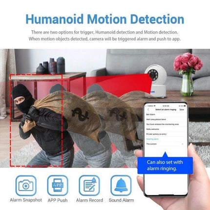 ESCAM Indoor WiFi Pan-Tilt Security Camera for Home Monitoring showing humanoid motion detection alert and smartphone app push notification