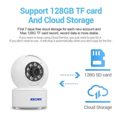 ESCAM Indoor WiFi Pan-Tilt Security Camera for Home Monitoring showing 128GB TF card support and cloud storage icons