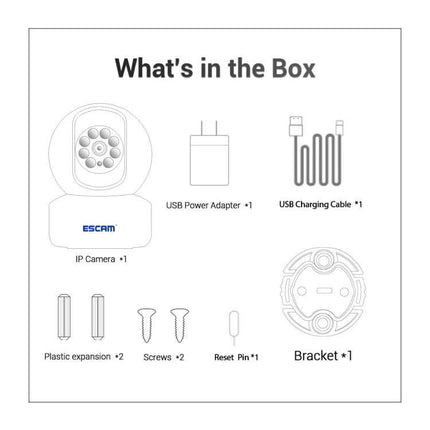 ESCAM Indoor WiFi Pan-Tilt Security Camera for Home Monitoring showing box contents: IP camera, USB adapter, charging cable, bracket, screws, expansions, reset pin