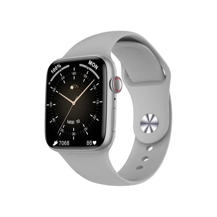 DT NO.I Smart Watch for Everyday Health and Connection Tracking – silver case gray band showing heart rate and activity on display