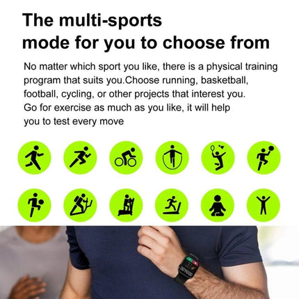 DT NO.I Smart Watch for Everyday Health and Connection Tracking showing multi-sports mode icons and a person wearing the watch