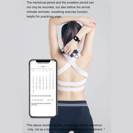 DT NO.I Smart Watch for Everyday Health and Connection Tracking — woman stretching wearing watch showing menstrual tracker on phone