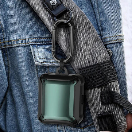 Protective Case for Sony LinkBuds During Everyday Travel and Use - rugged teal TPU PC case with carabiner on backpack