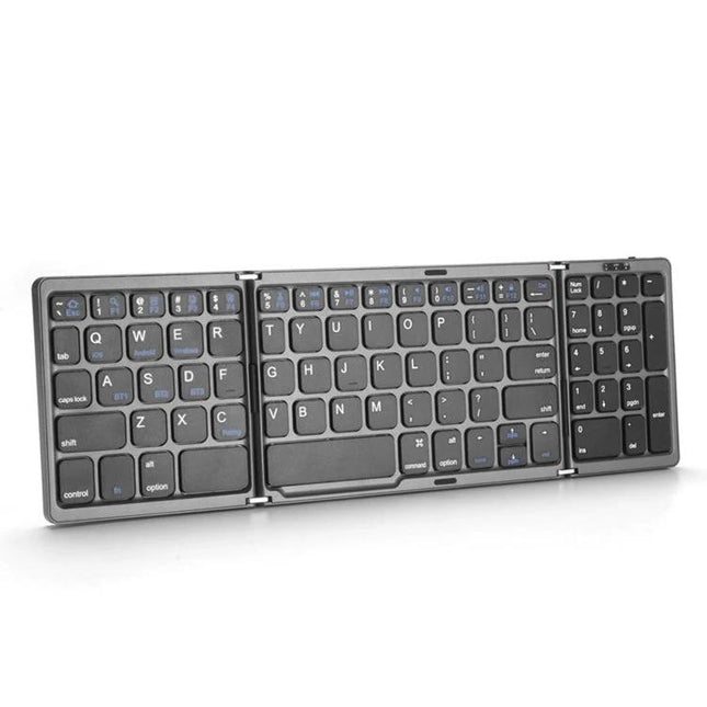 Wireless Foldable Bluetooth Keyboard with Numeric Keypad for Easy Typing — slim gray tri-fold Bluetooth 5.1 keyboard with full numeric keypad for travel and multitasking