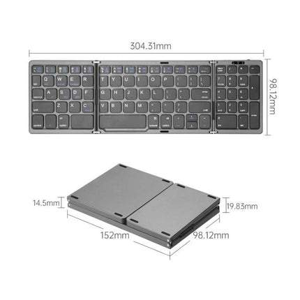 Wireless Foldable Bluetooth Keyboard with Numeric Keypad for Easy Typing - slim gray foldable Bluetooth 5.1 keyboard with numeric keypad and dimensions shown