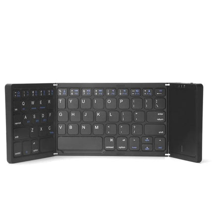 Portable Foldable Bluetooth Keyboard with Touchpad Feature shown unfolded, compact tri-fold design for travel and multi-device use