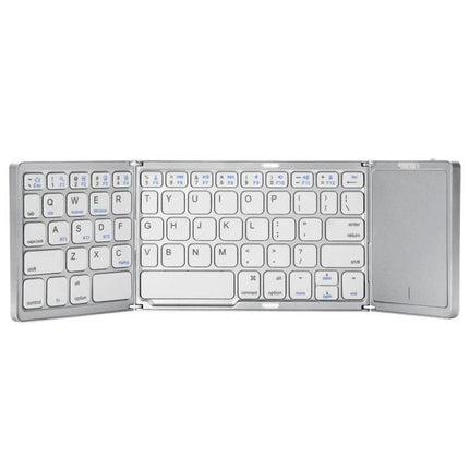 Portable Foldable Bluetooth Keyboard with Touchpad Feature slim silver tri-fold Bluetooth keyboard with built-in touchpad for travel and multitasking
