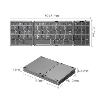 Portable Foldable Bluetooth Keyboard with Touchpad Feature showing unfolded keyboard and folded dimensions for travel and multi-device use