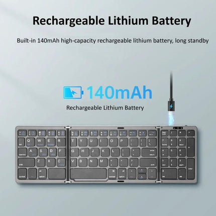Portable Foldable Bluetooth Keyboard with Touchpad Feature showing rechargeable 140mAh battery and USB charging cable