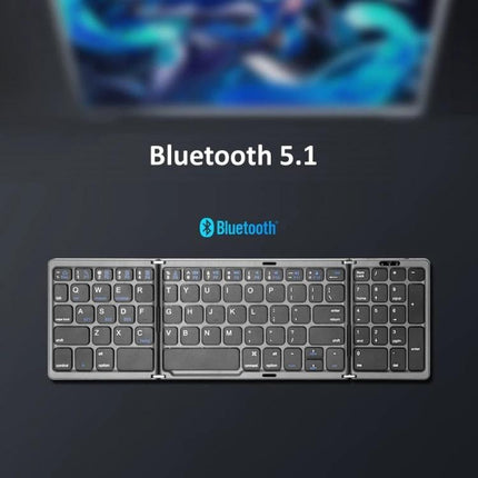 Portable Foldable Bluetooth Keyboard with Touchpad Feature showing Bluetooth 5.1 foldable design and integrated touchpad for travel and multitasking