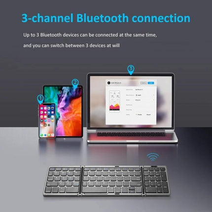 Portable Foldable Bluetooth Keyboard with Touchpad Feature shown connected to three devices (phone, tablet, laptop) demonstrating 3-channel Bluetooth switching