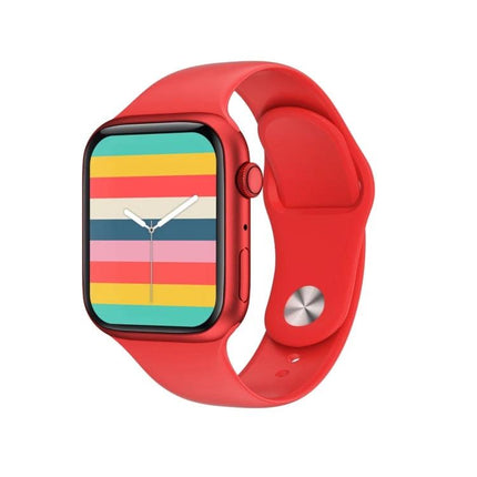 Smart Watch for Everyday Health Tracking and Notifications - red smartwatch with colorful striped watchface and silicone band