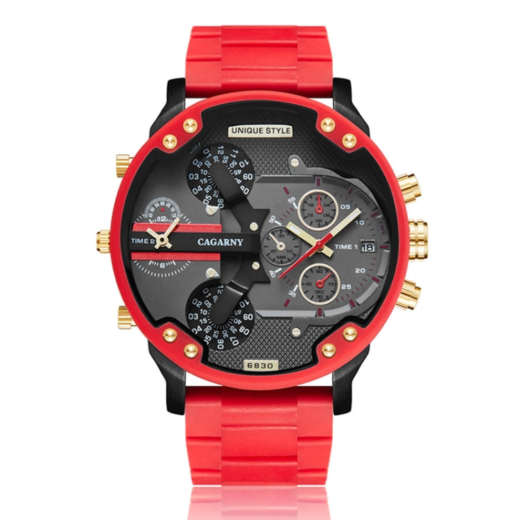 CAGARNY 6830 Men's Quartz Dual Movement Watch - Red Rubberized Steel Band & Shock Resistant Design