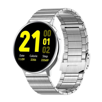Essential Wristband for Daily Health and Sleep Monitoring showing stainless steel band, digital display with steps, calories and date