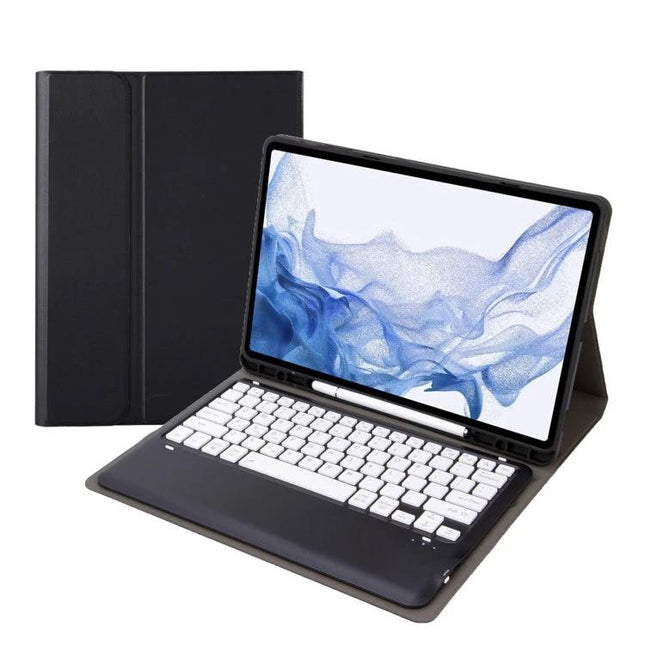 Detachable Bluetooth Keyboard Leather Case for Samsung Tab S8+ shown open with white keyboard and protective black leather folio