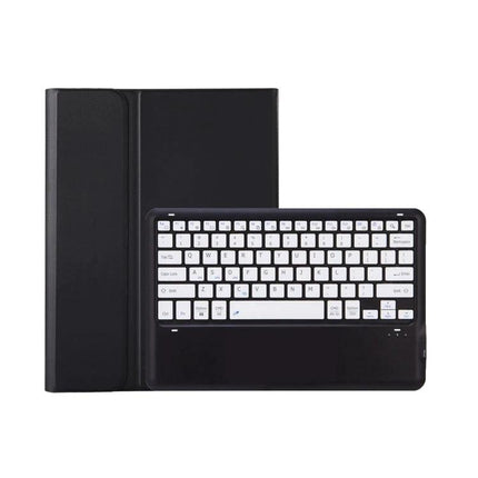 Detachable Bluetooth Keyboard Leather Case for Samsung Tab S8+ shown with removable white-key Bluetooth keyboard and protective black leather folio