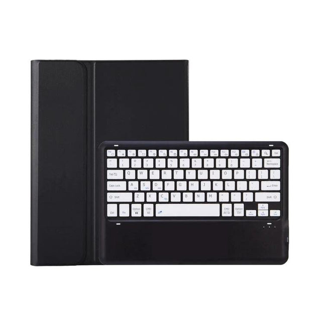 Detachable Bluetooth Keyboard Leather Case for Samsung Tab S8+ shown with detachable white-key Bluetooth keyboard and black protective leather case