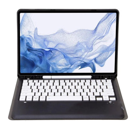 Detachable Bluetooth Keyboard Leather Case for Samsung Tab S8+ shown open with white keyboard and tablet screen