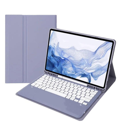 Detachable Bluetooth Keyboard Leather Case for Samsung Tab S8+ shown in purple with tablet propped for typing