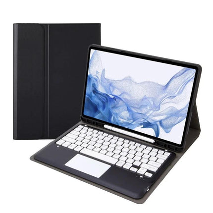 Bluetooth Keyboard Case for Samsung Galaxy Tab S8+ and S7+ FE in black with integrated Bluetooth keyboard, trackpad and protective folio cover