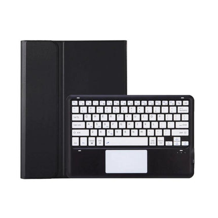 Bluetooth Keyboard Case for Samsung Galaxy Tab S8+ and S7+ FE showing black folio case with integrated white-key Bluetooth keyboard and trackpad