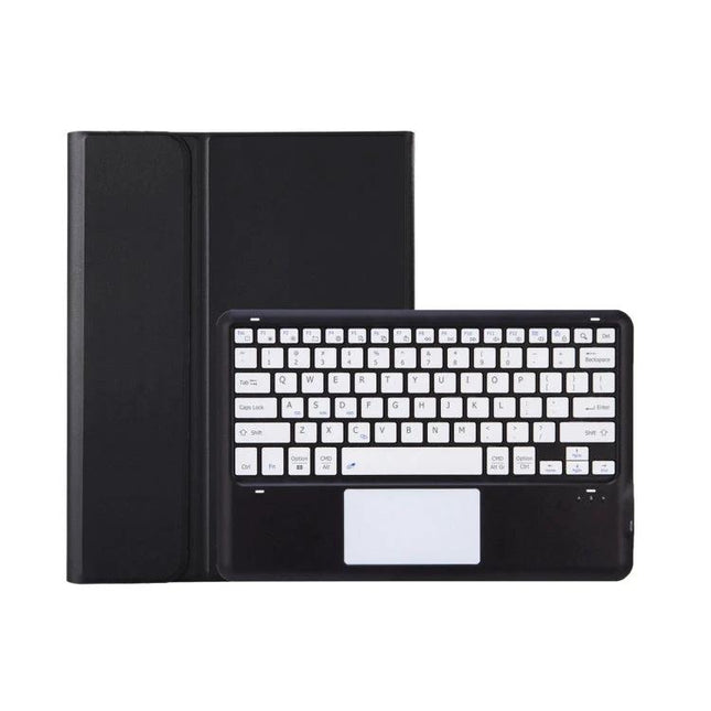 Bluetooth Keyboard Case for Samsung Galaxy Tab S8+ and S7+ FE showing black folio case with integrated white-key Bluetooth keyboard and trackpad