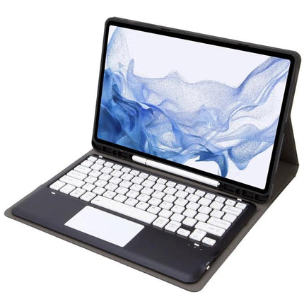 Bluetooth Keyboard Case for Samsung Galaxy Tab S8+ and S7+ FE showing tablet in folio with integrated Bluetooth keyboard and trackpad