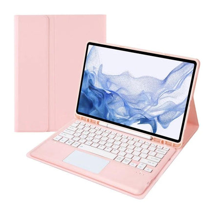 Bluetooth Keyboard Case for Samsung Galaxy Tab S8+ and S7+ FE pink keyboard case with integrated Bluetooth keyboard and folio stand