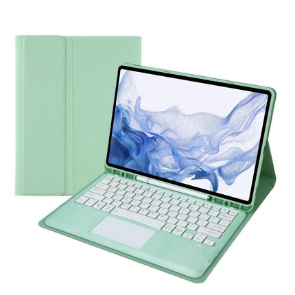 Bluetooth Keyboard Case for Samsung Galaxy Tab S8+ and S7+ FE in mint green with integrated Bluetooth keyboard and folio stand
