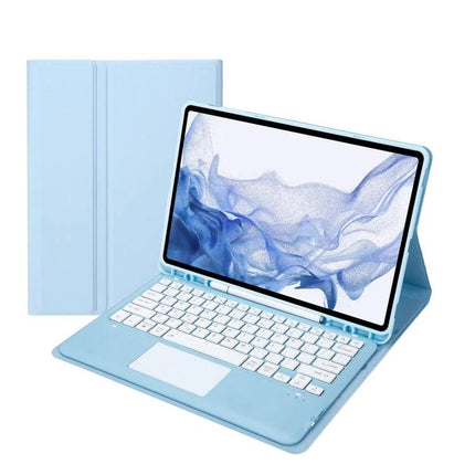Bluetooth Keyboard Case for Samsung Galaxy Tab S8+ and S7+ FE in light blue with integrated Bluetooth keyboard and folio stand