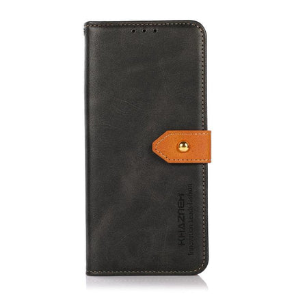 Khazneh Leather Phone Case With Card Holder For Everyday Use - black PU wallet case with tan strap, TPU interior, card slots and foldable hands-free stand