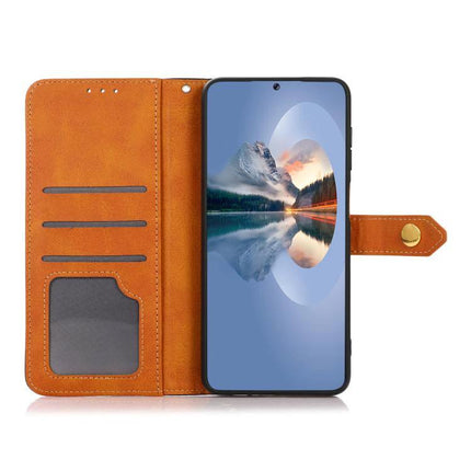 Khazneh Leather Phone Case With Card Holder For Everyday Use - tan PU wallet case with TPU interior, card slots, ID window and fold-out stand