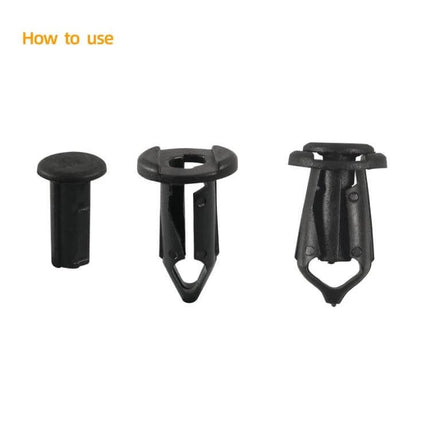 Car Hood Fender Bumper Fixing Kit All In One For Quick Car Repairs close-up of three black plastic/carbon steel fasteners for hood fender bumper repair