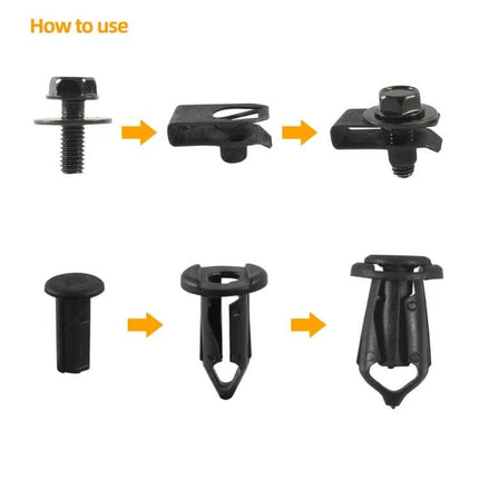 Car Hood Fender Bumper Fixing Kit All In One For Quick Car Repairs installation diagram showing clips bolts and rivets for Infiniti and Nissan models