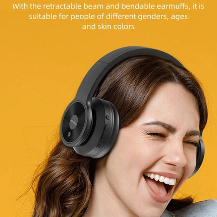 Awei Foldable Wireless Headphones For Commuting And Remote Work showing black foldable over-ear design on smiling commuting user