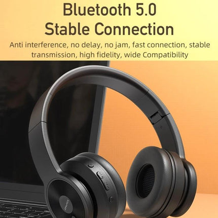 Awei Foldable Wireless Headphones For Commuting And Remote Work shown black Bluetooth 5.0 over-ear foldable design for travel