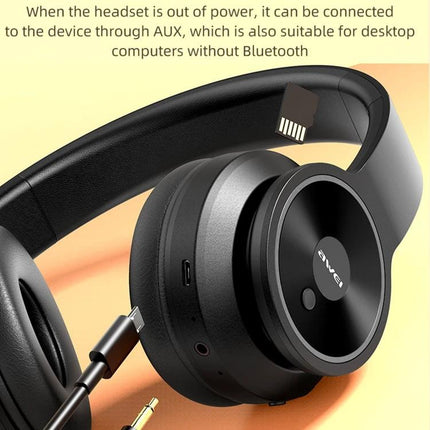 Awei Foldable Wireless Headphones For Commuting And Remote Work showing foldable black Bluetooth headset with aux and USB cables