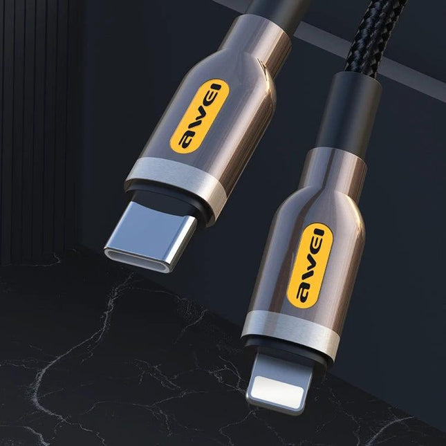 Awei Type-C to Lightning Cable for Daily Device Charging — 1m braided cable with USB-C to Lightning connectors for reliable everyday charging and data transfer.