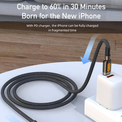 Awei Type-C to Lightning Cable for Daily Device Charging braided 1m cable connecting iPhone to USB-C PD charger on table