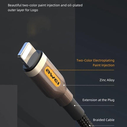 Awei Type-C to Lightning Cable for Daily Device Charging braided 1m cable close-up showing zinc alloy plug and two-color paint injection