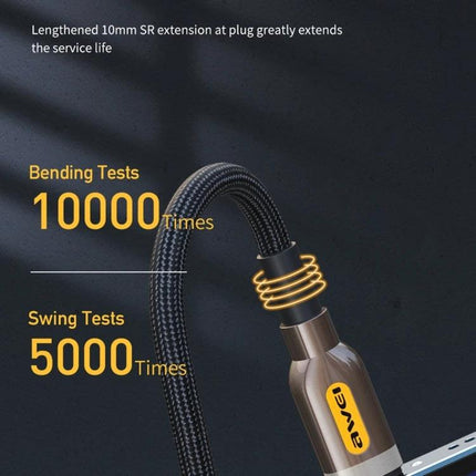 Awei Type-C to Lightning Cable for Daily Device Charging showing reinforced braided cable and bend/swing test stats
