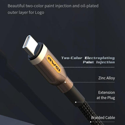 Awei 1M Type-C Cable for Everyday Device Charging showing zinc alloy plug, braided cable and two-color logo