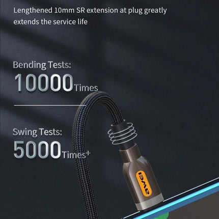 Awei 1M Type-C Cable for Everyday Device Charging showing braided cable, reinforced 10mm SR plug, 10000 bending tests and 5000 swing tests