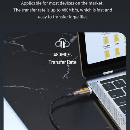 Awei 1M Type-C Cable for Everyday Device Charging connected to laptop showing 480Mb/s transfer rate and braided cable
