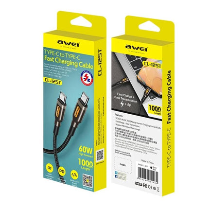 Awei 1M Type-C Cable for Everyday Device Charging - 1m braided Type-C to Type-C fast charging and data cable in retail packaging