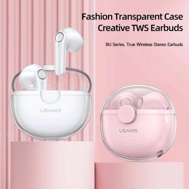 USAMS Half In Ear Wireless Earbuds With Transparent Shell white macaron case Bluetooth 5.1 touch controls mic