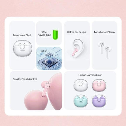 USAMS Half In Ear Wireless Earbuds With Transparent Shell in macaron colors, BT5.1, touch control, 5hr playtime